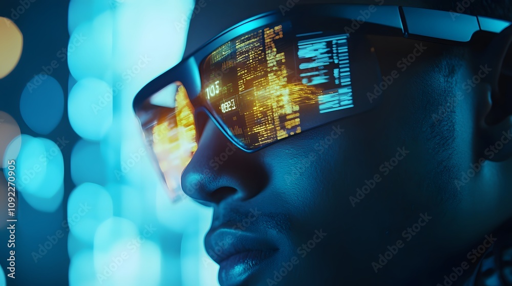 Poster A professional using augmented reality glasses to analyze 3D glowing KPIs, with 2D floating next steps for implementation. 4k resolution, Cinematic Scene