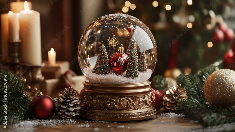 Poster a glass snow globe with a red ball and trees inside