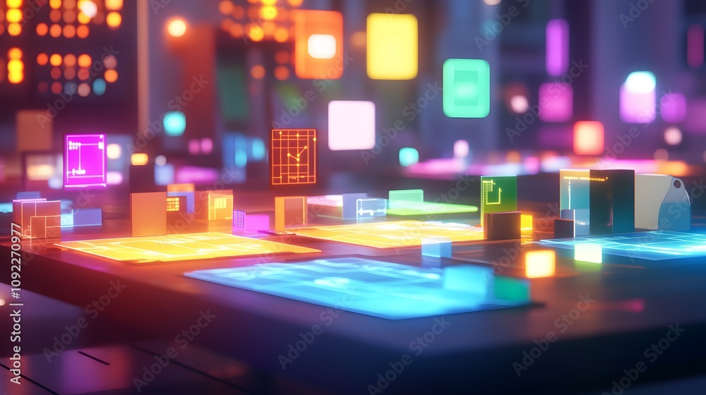 Poster A tech-driven workspace featuring 3D glowing prototypes of strategy maps and 2D glowing task priorities. 4k resolution, Cinematic Scene