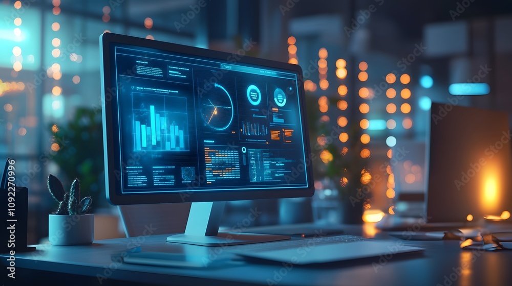 Aufkleber A modern workspace with a 3D glowing holographic interface displaying collaborative tools, surrounded by 2D glowing task updates. 4k resolution, Cinematic Scene