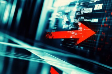 Dynamic Visualization of Data Processing with a Bold Red Arrow Indicating Forward Movement in a High-Tech Digital Environment of Numbers and Graphs