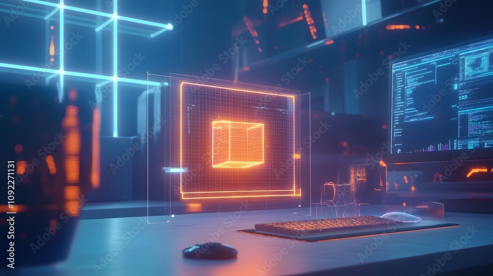 Aufkleber A collaborative design lab featuring 3D glowing product prototypes and 2D visual highlights of user feedback. 4k resolution, Cinematic Scene