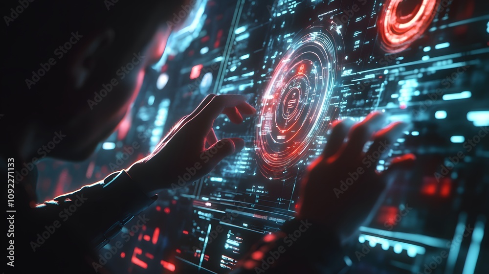 Aufkleber A remote worker using a 3D glowing holographic interface to visualize project milestones and 2D task timelines. 4k resolution, Cinematic Scene