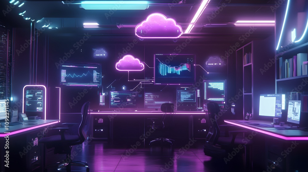 Aufkleber A tech-integrated workspace featuring 3D glowing cloud-based tools and 2D floating task reminders. 4k resolution, Cinematic Scene