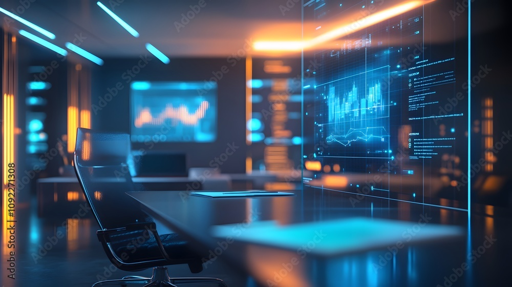 Poster A workspace with a 3D glowing holographic project timeline and 2D floating priorities guiding the discussion. 4k resolution, Cinematic Scene