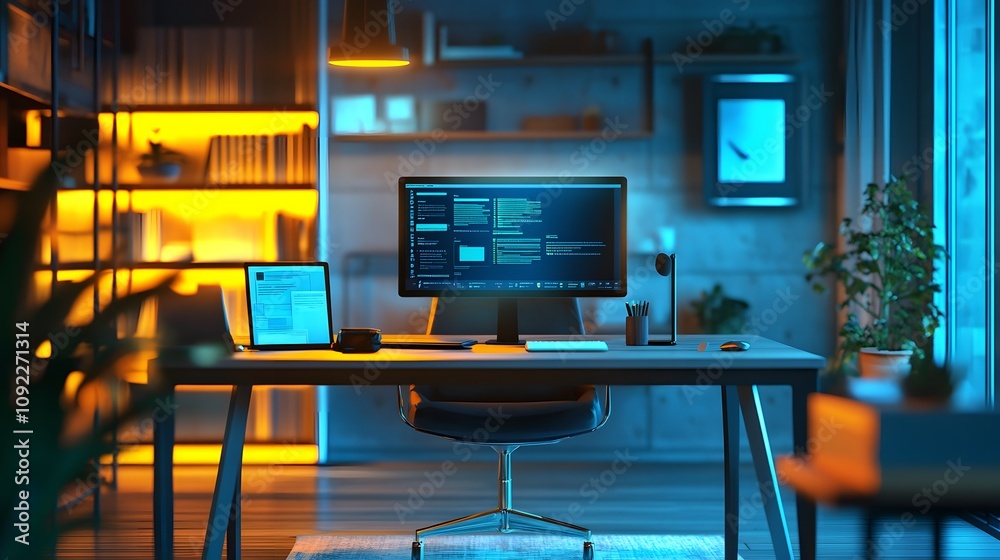 Poster A modern home office with 3D glowing collaboration tools projecting on a desk and 2D floating feedback elements. 4k resolution, Cinematic Scene