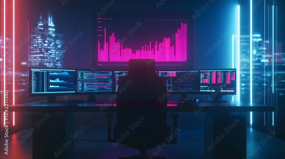 Poster A minimalist workspace showcasing 3D glowing financial metrics of digital transformation and 2D predictive analysis. 4k resolution, Cinematic Scene