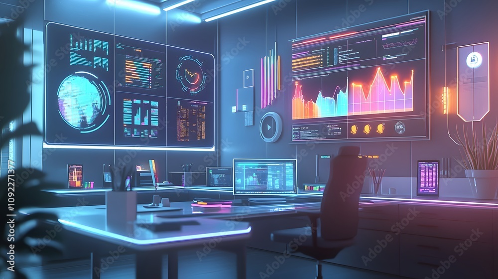 Poster A high-tech office featuring 3D glowing sales analytics and 2D animations showing trends in customer engagement. 4k resolution, Cinematic Scene