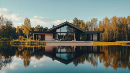 Fototapeta premium Lakeside home with expansive glass windows - Sunny reflection on the lake, open and airy look, peaceful and natural surroundings