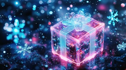 Glowing crystal gift box with snowflakes.