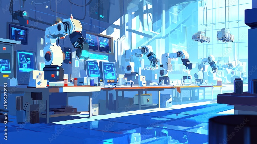 Poster Robotic Automation In A Modern Futuristic Factory