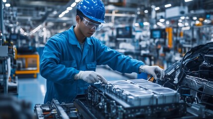 Asian Male Technician Installing Electric Vehicle Battery Pack in Modern Factory