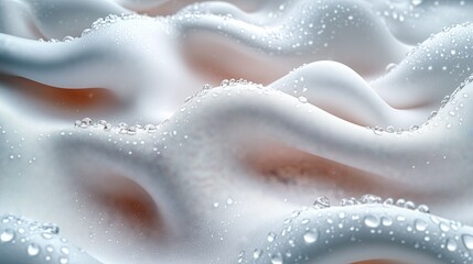 Obraz premium Water droplets flowing through a layer of white fabric fibers. Adsorption technology. Close-up view. Soft texture. Suitable for diapers and sanitary products.
