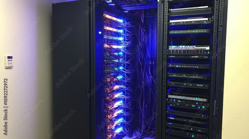 Aufkleber illuminated server rack filled with network equipment