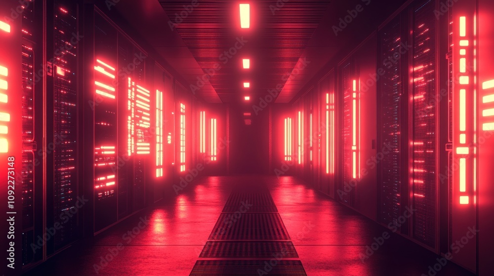 Poster red lit server room corridor data center