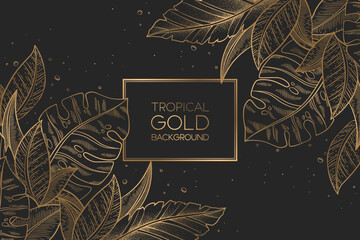 Vector illustration with gold trendy exotic palm and monstera leaves isolated on black background. Elegant luxury design template for card print, wallpaper, wedding invitation