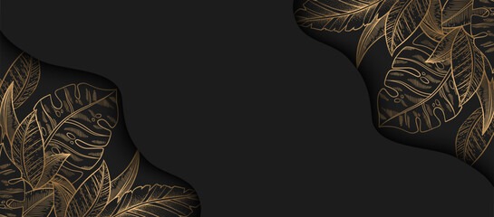 Vector illustration with gold trendy exotic palm and monstera leaves isolated on black background. Elegant luxury design template for card, wedding invitation, poster, website, banner