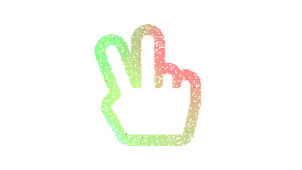 Icon hand peace is made up of LED square shapes. There are bright diodes and there are black dead diodes