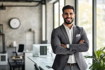Fototapeta premium Confident Young Businessman with Arms Crossed Smiling in Modern Office Setting