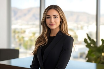 Confident Young Caucasian Businesswoman in Black Blazer Portrait Against Modern Office Window Background