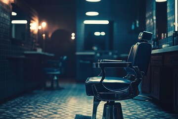 Modern Barbershop Interior with Stylish Barber Chair in Soft Ambient Lighting, Emphasizing Sleek Design and Vintage Aesthetic in Contemporary Salon Environment