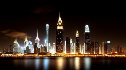 Obraz premium A stunning city skyline illuminated at night, showcasing modern skyscrapers reflecting on the water, symbolizing urban life and architectural beauty.
