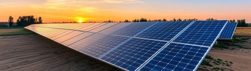 A stunning sunset over solar panels, showcasing renewable energy's potential. This landscape highlights sustainable practices for a greener future.