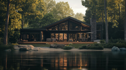 Obraz premium Lakeside home with expansive glass windows - Sunny reflection on the lake, open and airy look, peaceful and natural surroundings