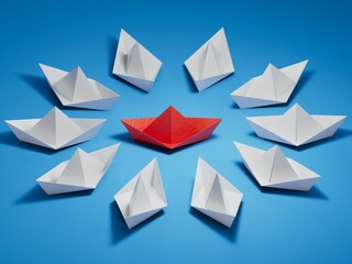 Different business concept.new ideas. paper art style.Leadership concept with red paper ship leading among white boats.3D rendering on blue background.