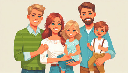 A cheerful, illustrated family portrait with vibrant colors, featuring parents, two children, and a teenager