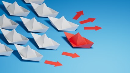 Group of paper boats in one direction and with one individual pointing in the different way, leaderboat, individuality concepts.3D rendering on blue background.