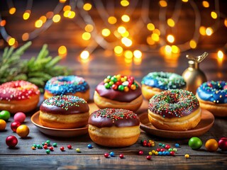 Delicious Hanukkah Donuts with Colorful Sprinkles and Glazed Toppings on a Festive Table Setting, Ideal for Celebrating the Festival of Lights and Sweet Treats