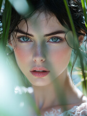 Fototapeta premium Captivating portrait of a model in natural light surrounded by greenery