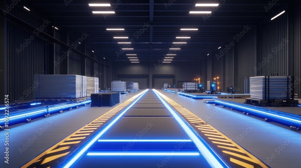 Poster automated warehouse conveyor system with pallets of goods