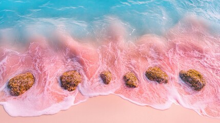 Obraz premium Pink sand beach with turquoise waves gently lapping shore, rocks in foreground.