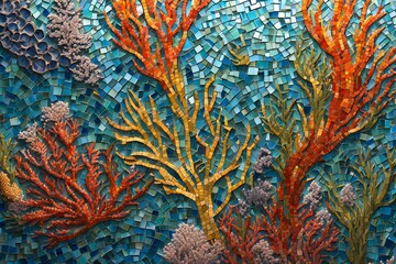 A mosaic artwork inspired by coral reefs and seaweed using colorful tiles and glass, AI Generated