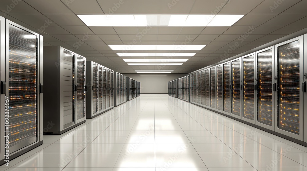 Poster Modern Server Room With Rows Of Illuminated Data Servers