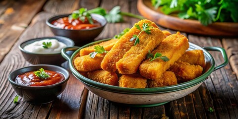 Fototapeta premium Deliciously Crafted Fried Fish Fingers Served with Tangy Sauce on a Rustic Wooden Table, Perfectly Captured for Food Lovers and Culinary Enthusiasts in an Elegant Setting