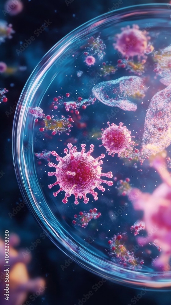 Poster a close up of a cell with a virus in it