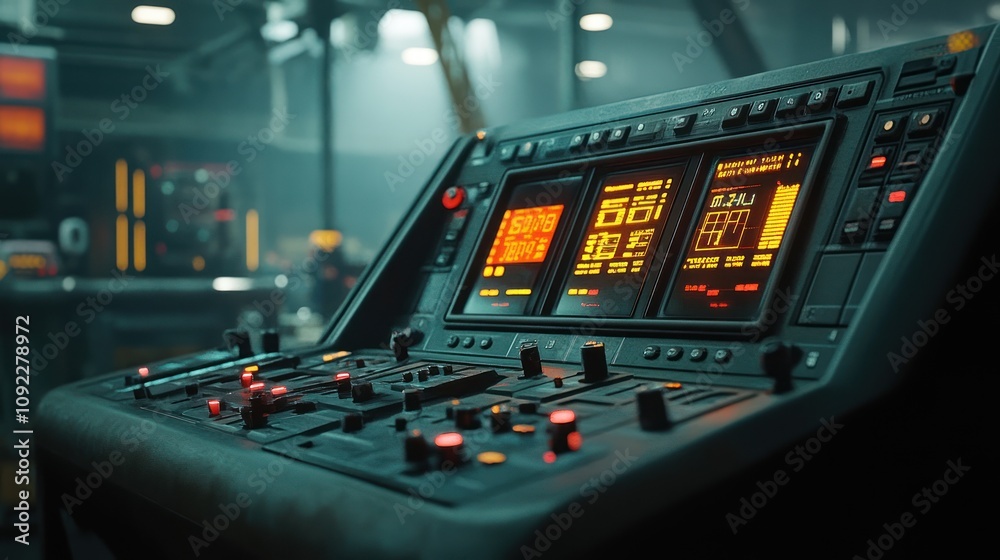 Poster Futuristic Control Panel With Illuminated Displays And Buttons