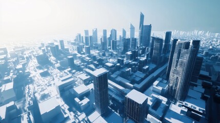 Obraz premium Aerial view of a snowy futuristic city skyline.