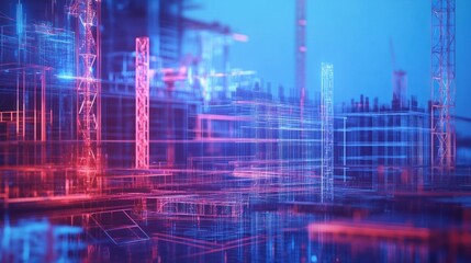 Fototapeta premium Futuristic digital city construction site with neon lights.