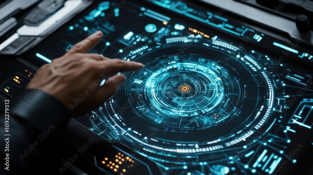 Poster hand interacting with futuristic technological interface
