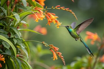 Obraz premium Hummingbird Long-tailed Sylph, Aglaiocercus kingi with orange flower, in flight. Hummingbird from Colombia in the bloom flower, wildlife from tropic jungle