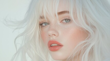 Naklejka premium Captivating close-up portrait showcasing a woman with freckles and white hair, highlighting natural beauty and expressive features.