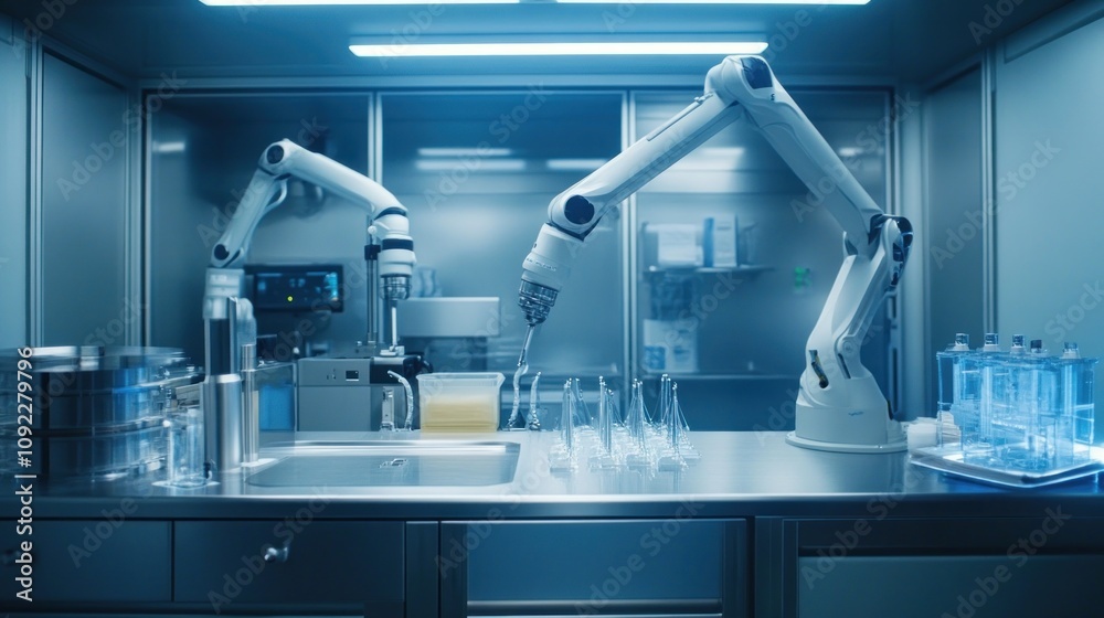 Poster robotic arms in a modern sterile laboratory setting