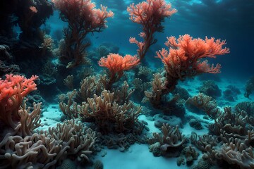 Obraz premium An enchanted underwater realm where seaweed and coral grow in impossible glowing hues, AI Generated
