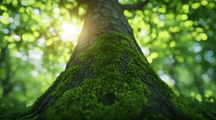 Fototapeta premium Delicate Moss Clinging to the Bark of an Ancient Tree Surrounded by Lush Greenery and Soft Sunlight Filtering Through the Forest Canopy