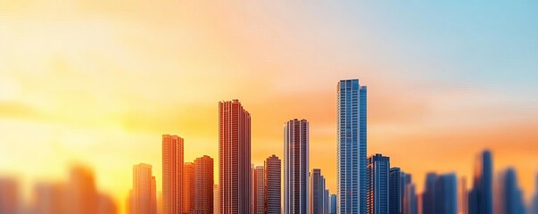 A stunning skyline view with modern skyscrapers illuminated by a vibrant sunset, showcasing architectural beauty and urban living.