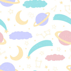 Fototapeta premium Adorable sleeping koalas in space on white background. Vector seamless pattern with Australian bear. Cute childish bed linen design. Hand drawn marsupials for kids scrapbooking. Nursery wallpaper.